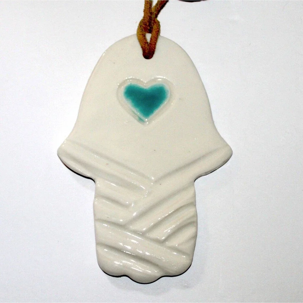 Hamsa Wall Ornament white ceramic Studio pottery blue heart boho decor